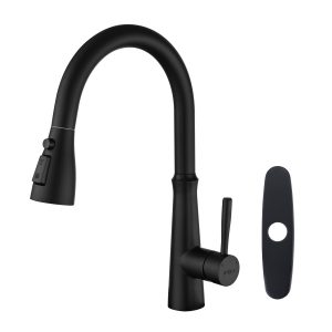 Single Handle Single Hole High Arc Pull Down Sprayer Faucet for Kitchen Sink with Deck Plate in Matte Black