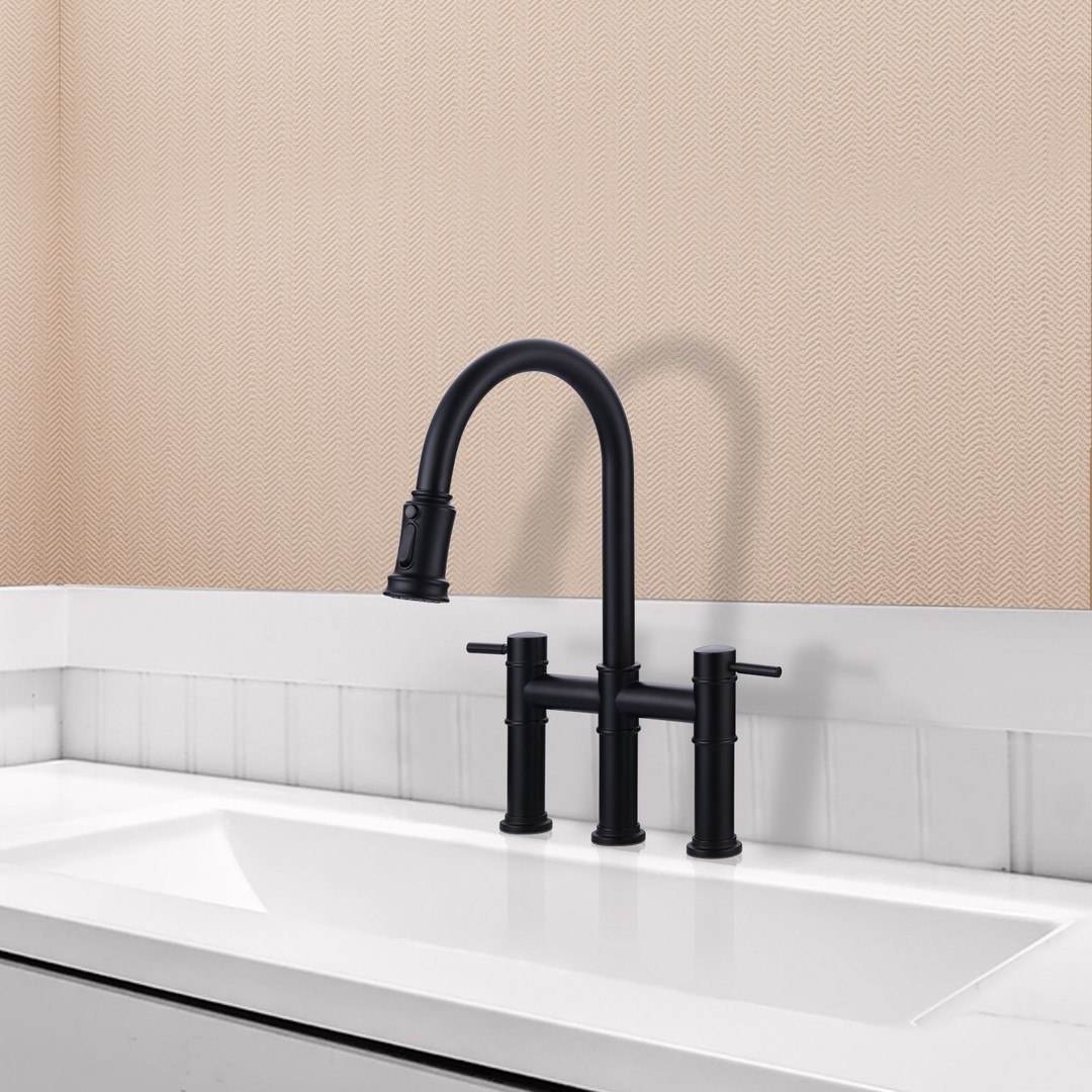 Black Double Handles Pull Down Sprayer Kitchen Faucet with Pull Out Spray in Brass - Image 3