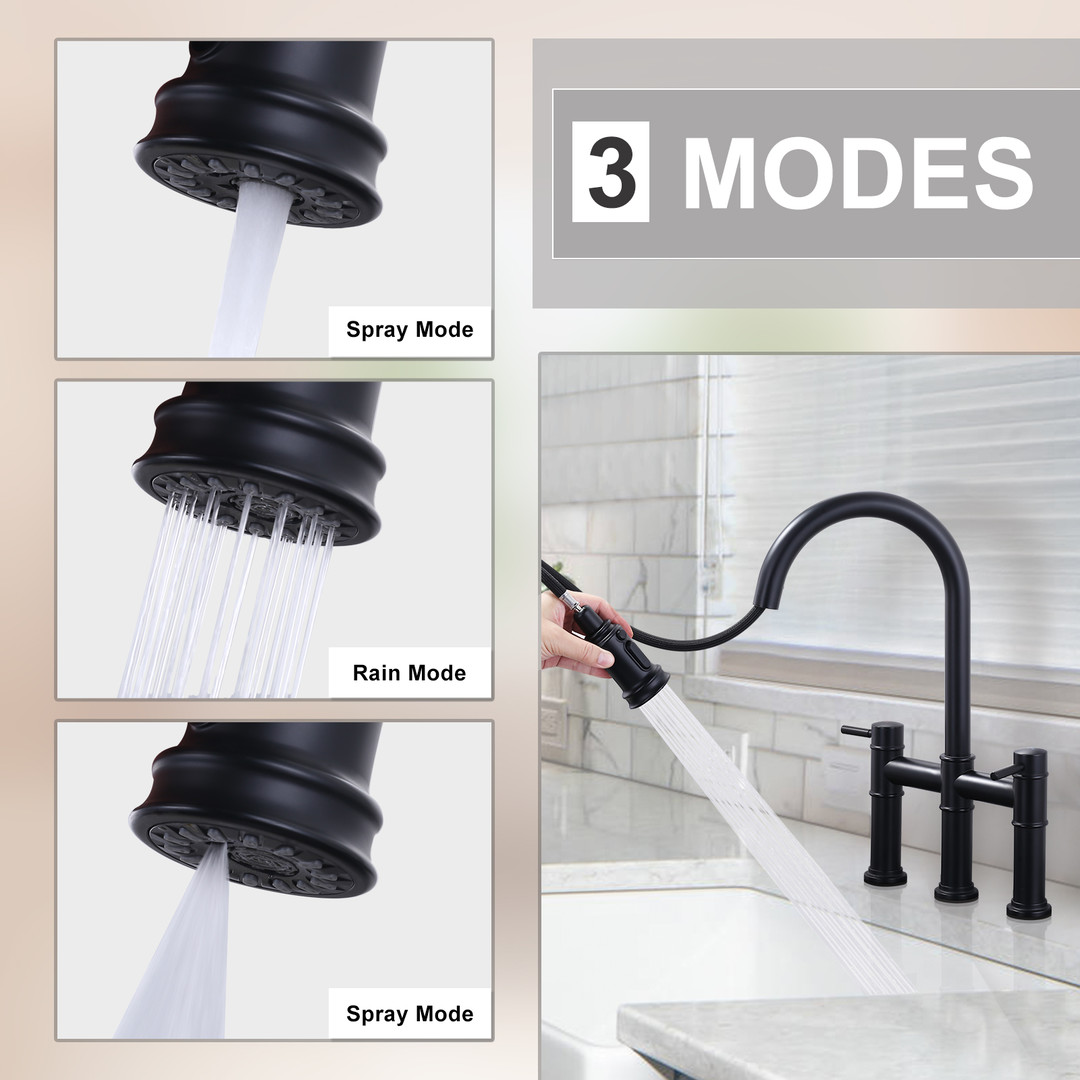 Black Double Handles Pull Down Sprayer Kitchen Faucet with Pull Out Spray in Brass - Image 5