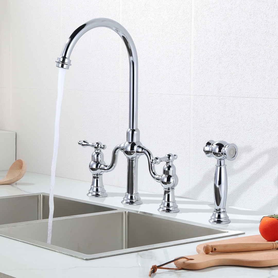 Double-Handle High-Arc Deck Mounted Bridge Kitchen Faucet in Chrome - Image 3