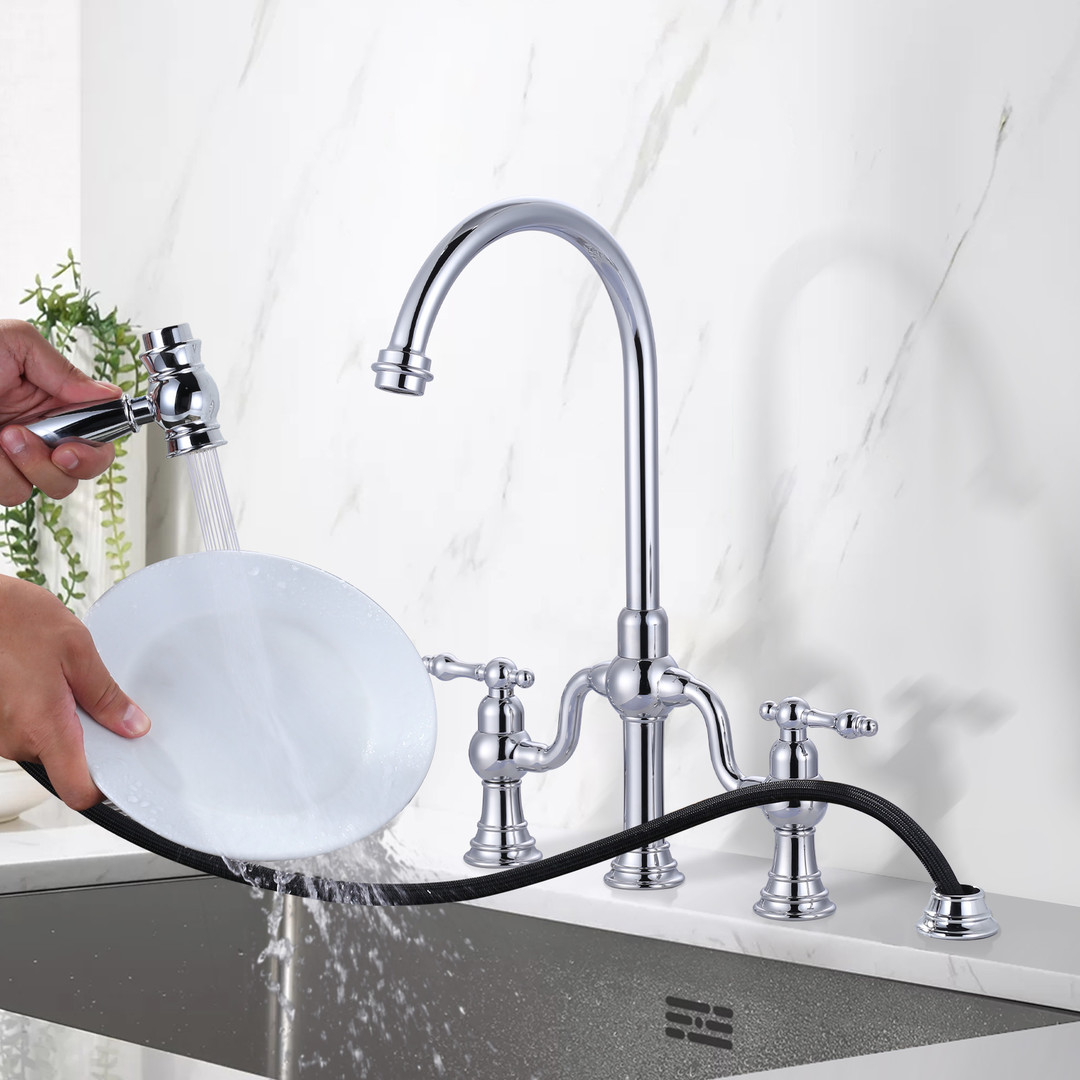 Double-Handle High-Arc Deck Mounted Bridge Kitchen Faucet in Chrome - Image 4