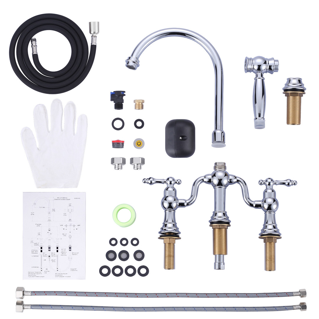 Double-Handle High-Arc Deck Mounted Bridge Kitchen Faucet in Chrome - Image 6