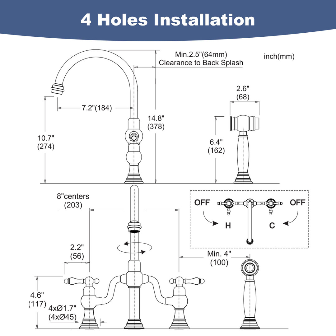 Double-Handle High-Arc Deck Mounted Bridge Kitchen Faucet in Chrome - Image 7