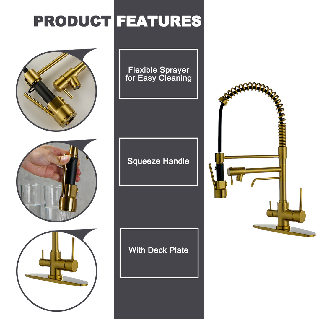 Spring Double Handle Pull Down Sprayer Kitchen Faucet with Drinking Water Outlet, Pot Filler Spray in Brushed Gold - Image 3