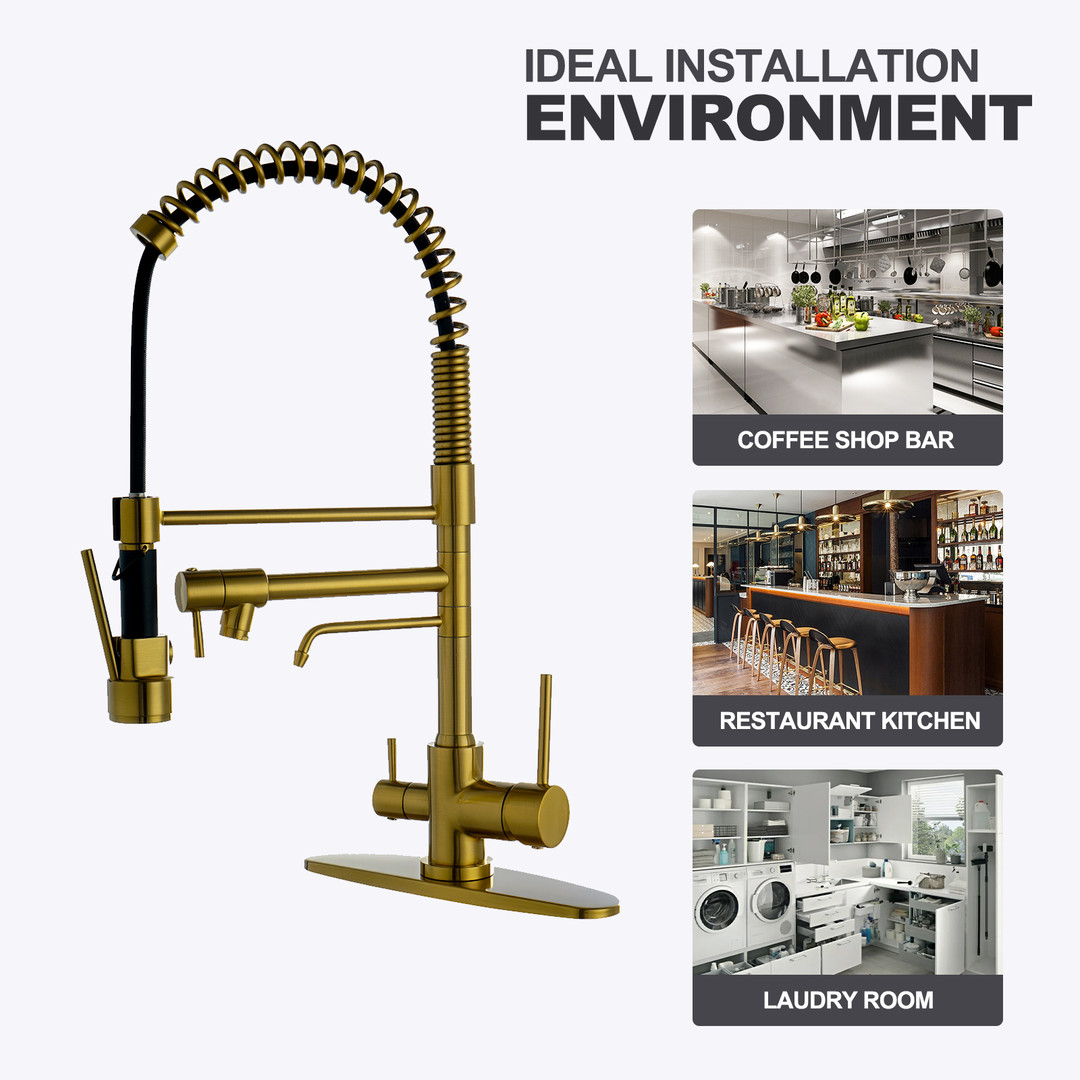 Spring Double Handle Pull Down Sprayer Kitchen Faucet with Drinking Water Outlet, Pot Filler Spray in Brushed Gold - Image 5