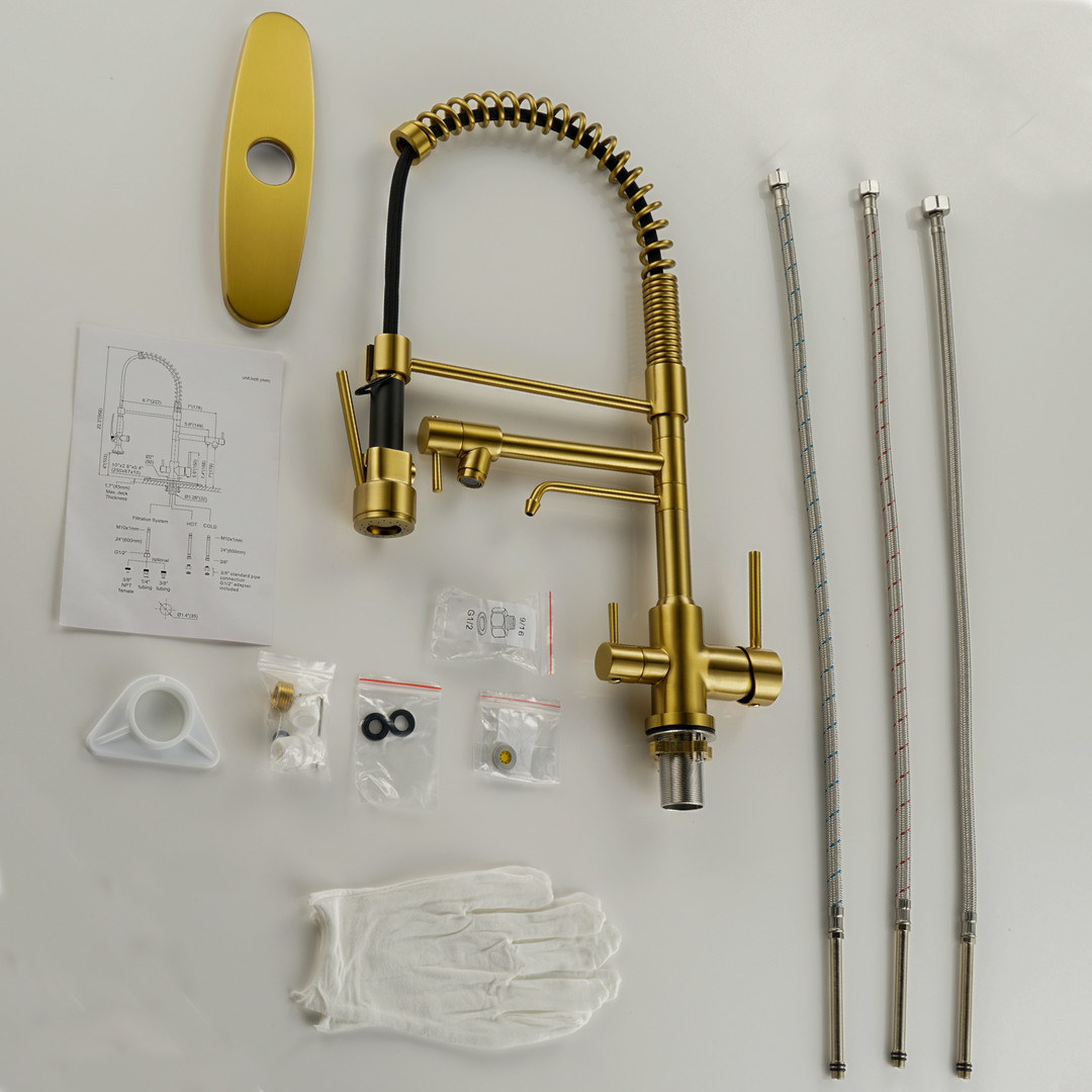 Spring Double Handle Pull Down Sprayer Kitchen Faucet with Drinking Water Outlet, Pot Filler Spray in Brushed Gold - Image 6