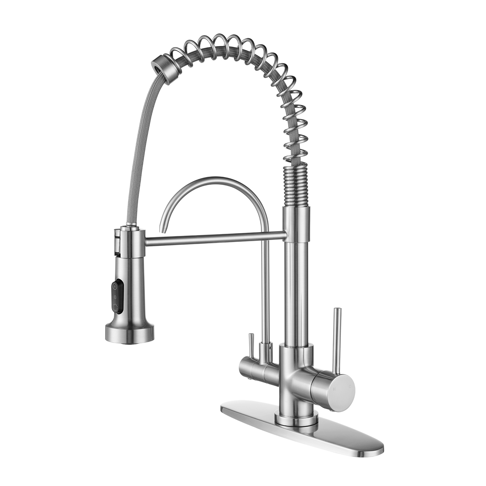 Double Handles Solid Brass Pull Down Kitchen Faucet with Drinking Water Filter in Brushed Nickel