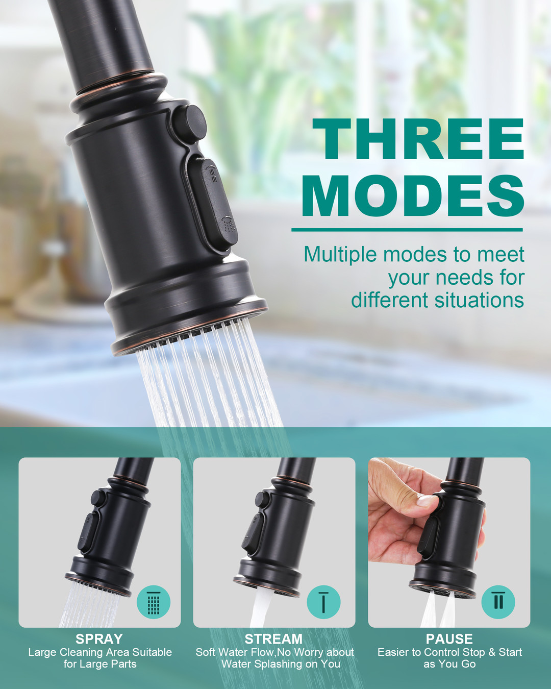 17.4 in. Double Handle Pull Out Sprayer Kitchen 3 Hole with 360 Spout Swivel in Oil Rubbed Bronze - Image 3