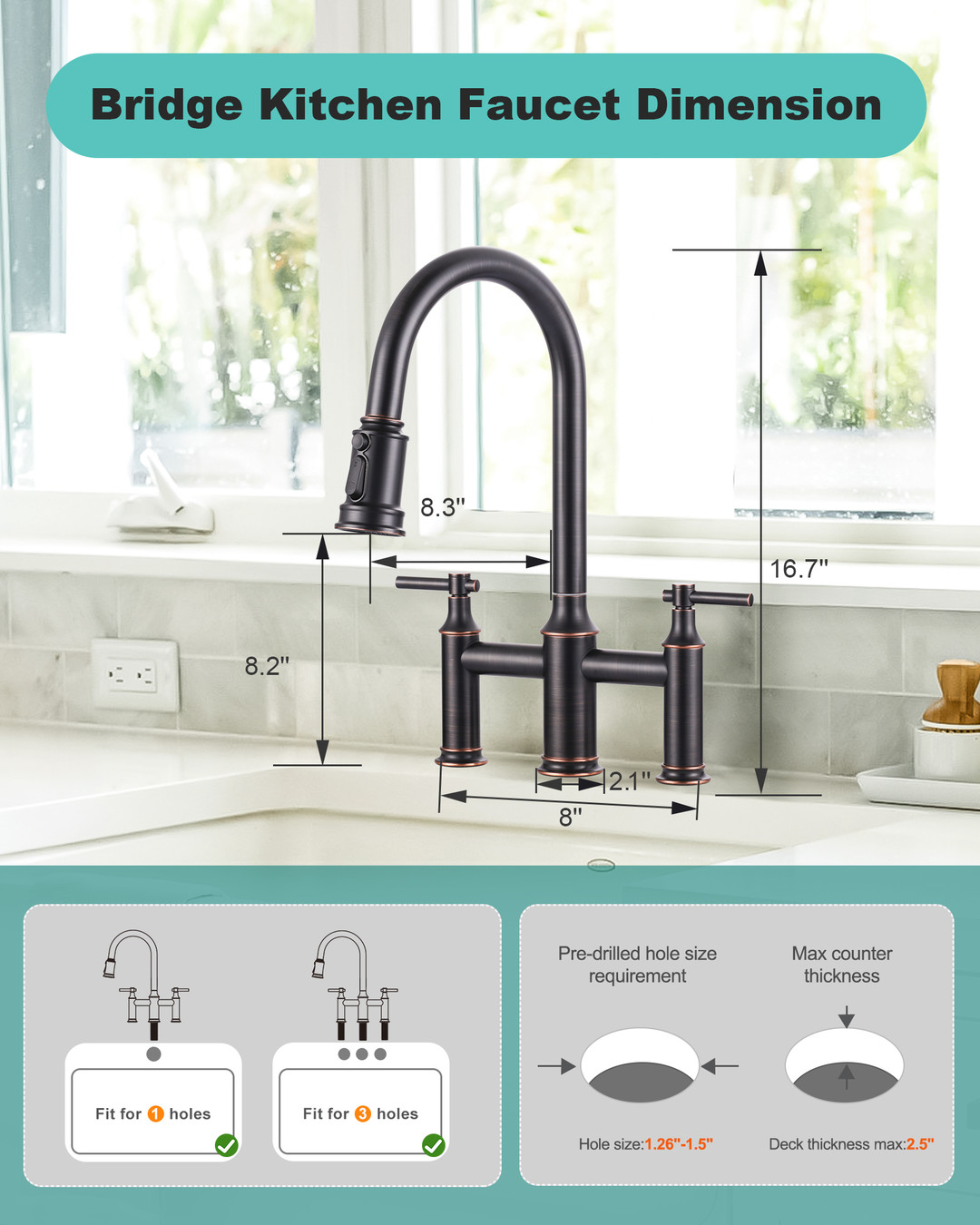 17.4 in. Double Handle Pull Out Sprayer Kitchen 3 Hole with 360 Spout Swivel in Oil Rubbed Bronze - Image 4