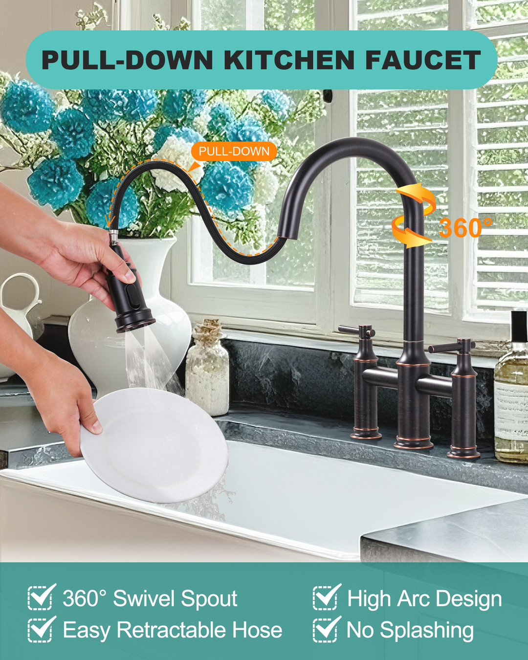 17.4 in. Double Handle Pull Out Sprayer Kitchen 3 Hole with 360 Spout Swivel in Oil Rubbed Bronze - Image 6