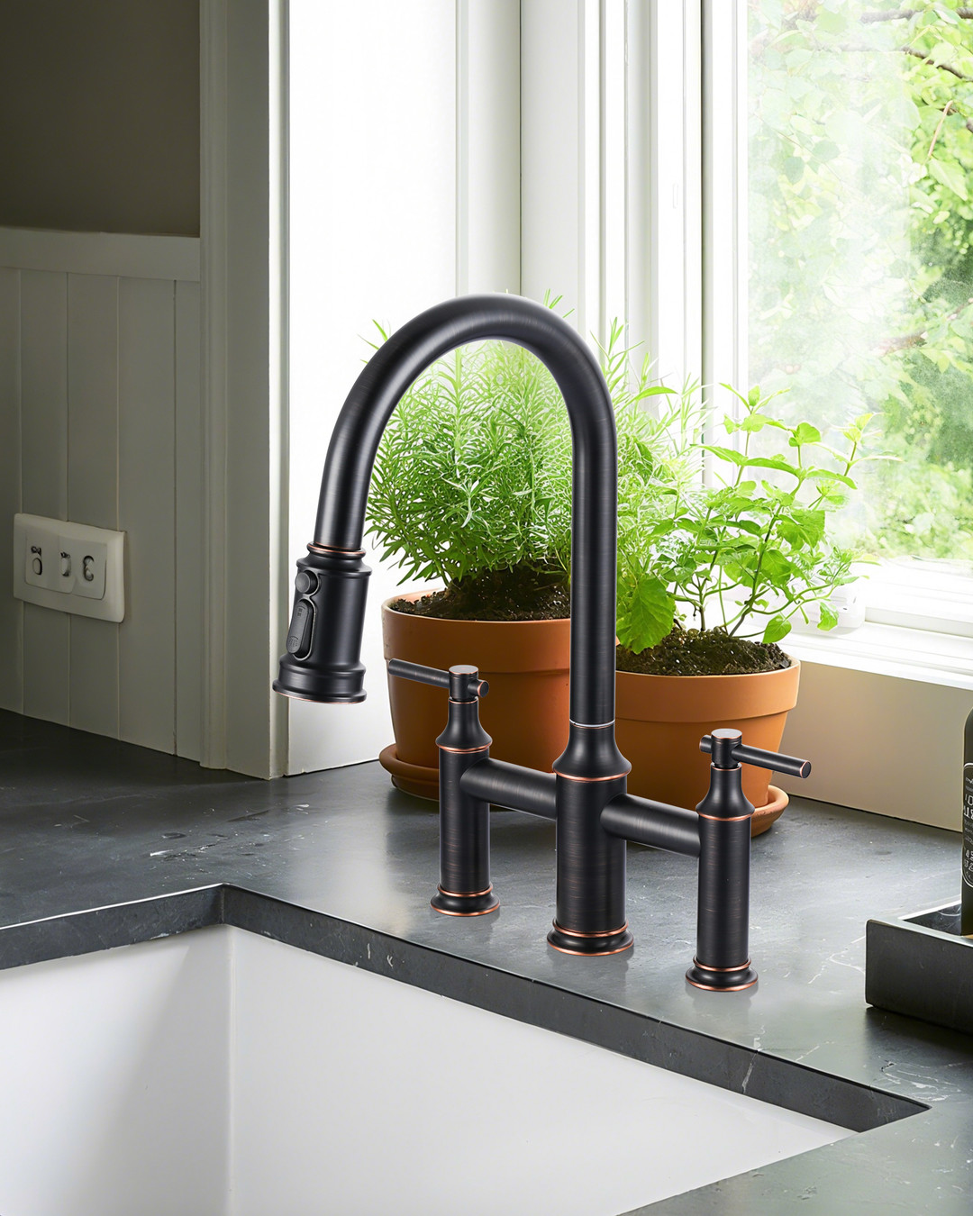 17.4 in. Double Handle Pull Out Sprayer Kitchen 3 Hole with 360 Spout Swivel in Oil Rubbed Bronze - Image 7