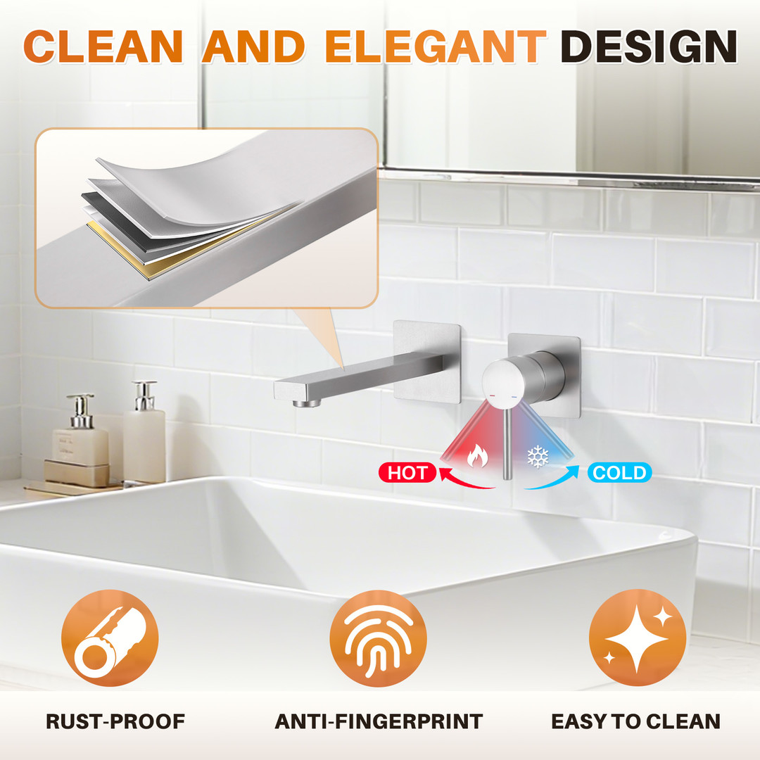 Brushed Nickel Single Handle Solid Brass Wall Mounted BathroomFaucet Valve Included - Image 4