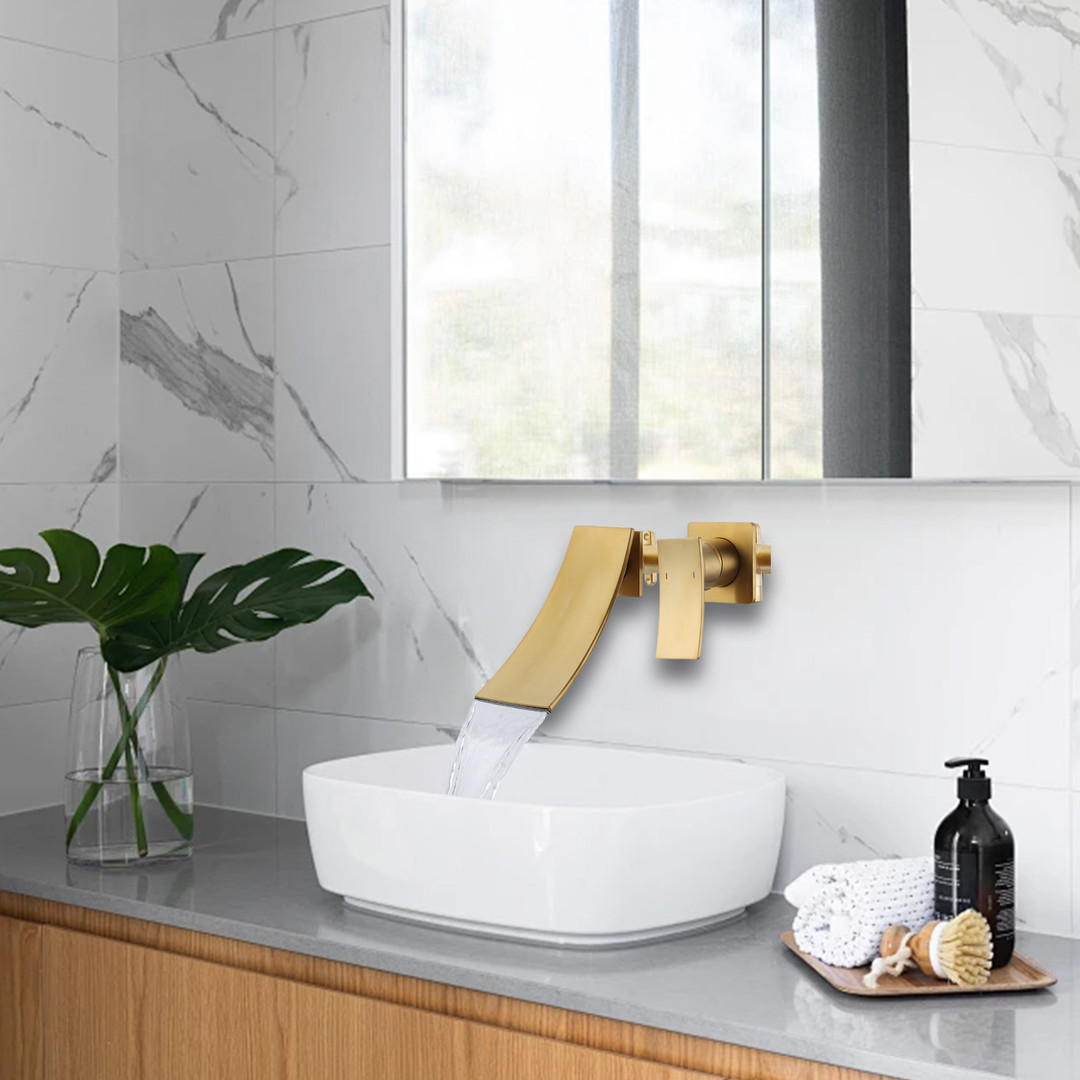 Brushed Gold Single Handle Wall Mounted Bathroom Faucet Rough in Valve Included - Image 3