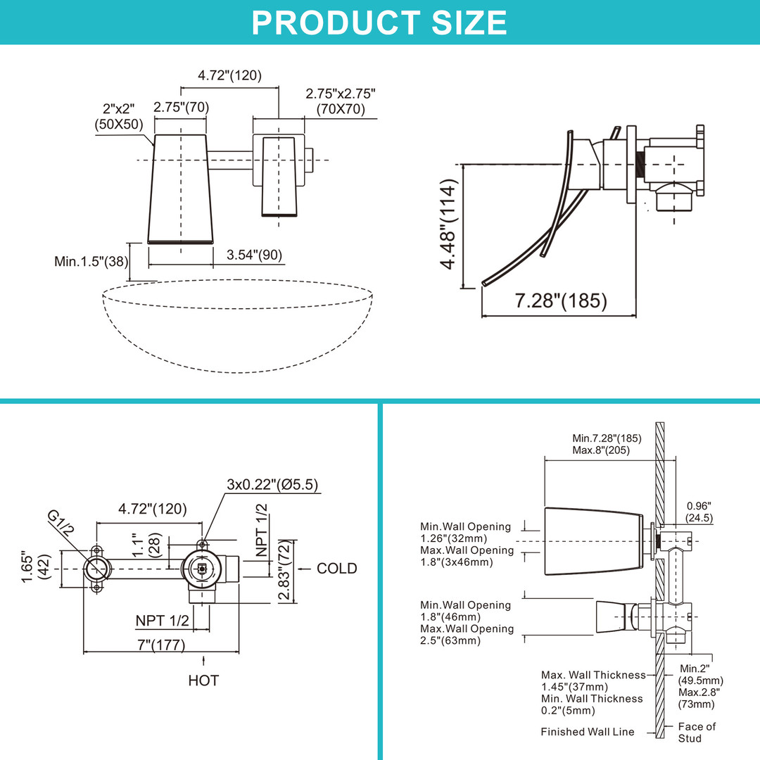 Brushed Gold Single Handle Wall Mounted Bathroom Faucet Rough in Valve Included - Image 5