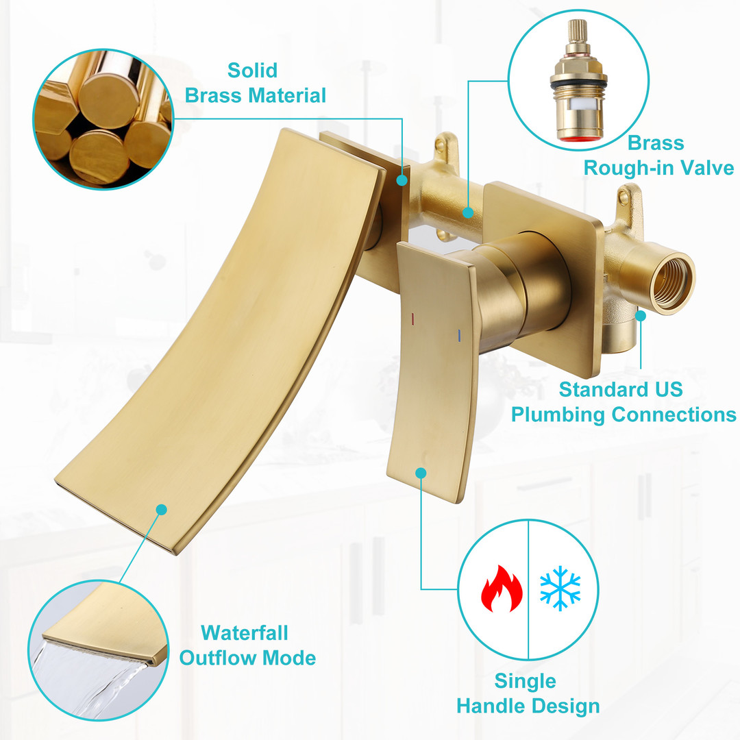 Brushed Gold Single Handle Wall Mounted Bathroom Faucet Rough in Valve Included - Image 6