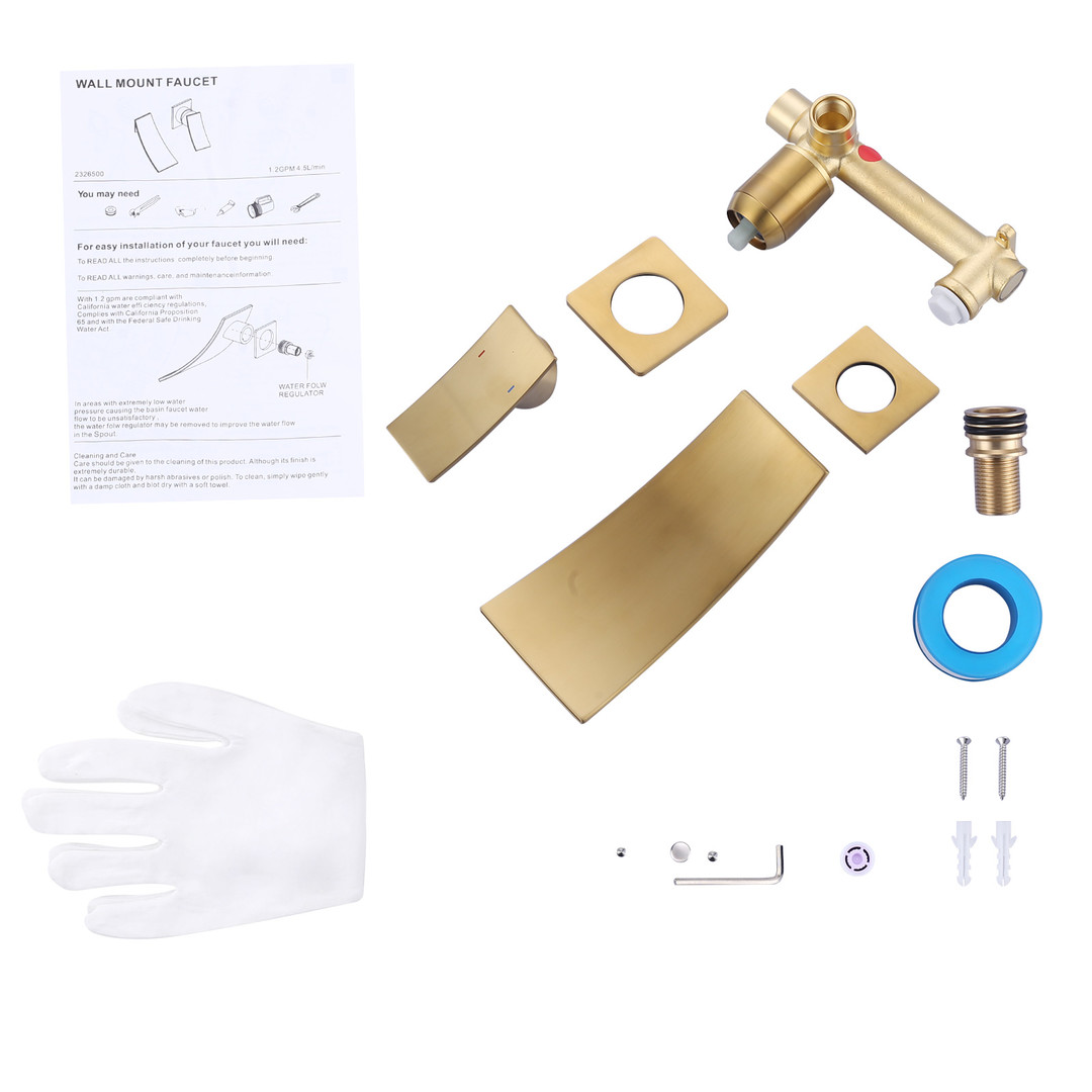 Brushed Gold Single Handle Wall Mounted Bathroom Faucet Rough in Valve Included - Image 7