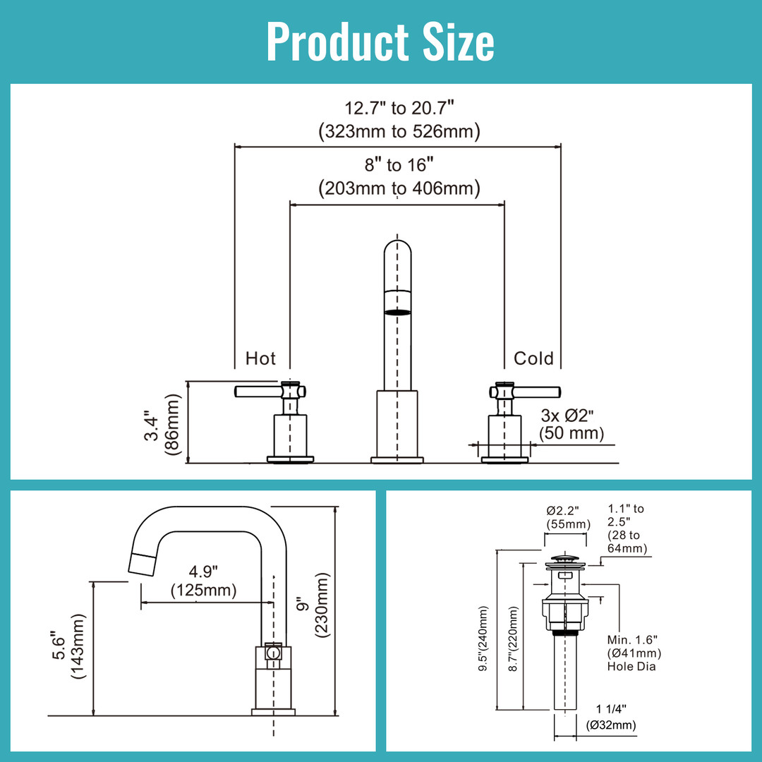 8 in Widespread Double Handle Bathroom Faucet in Brushed Nickel 3 Holes Bathroom Sink Faucet with Pop Up Drain - Image 6