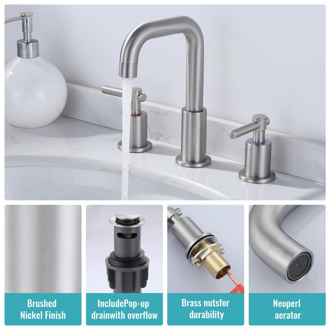 8 in Widespread Double Handle Bathroom Faucet in Brushed Nickel 3 Holes Bathroom Sink Faucet with Pop Up Drain - Image 7