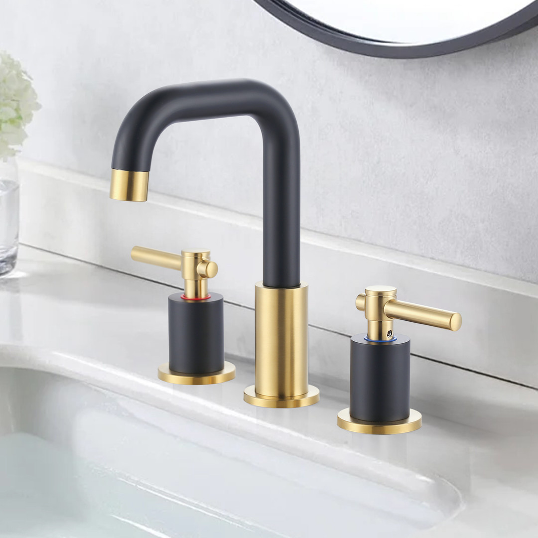8 in Widespread Double Handle Bathroom Faucet in Black Gold 3 Holes Bathroom Sink Faucet with Pop Up Drain - Image 3