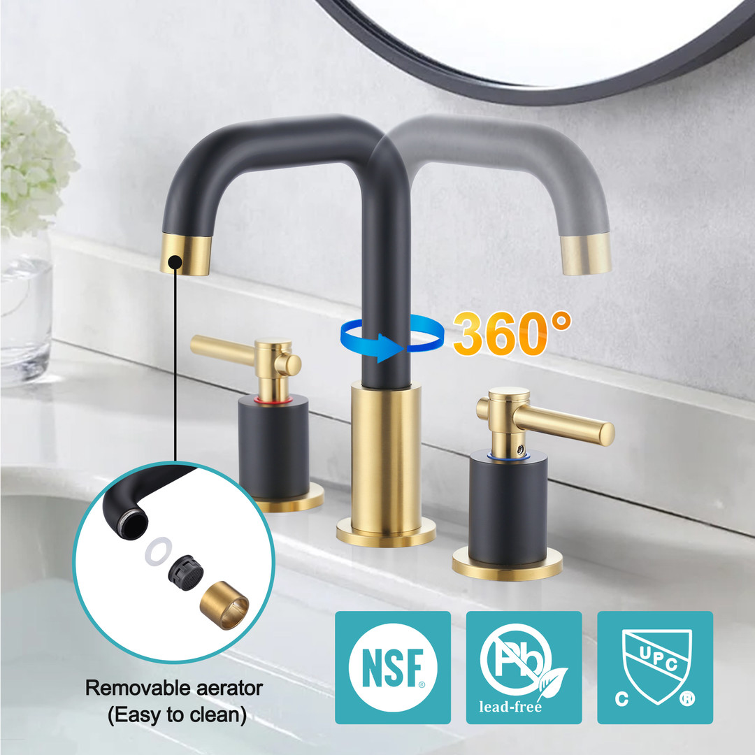 8 in Widespread Double Handle Bathroom Faucet in Black Gold 3 Holes Bathroom Sink Faucet with Pop Up Drain - Image 4