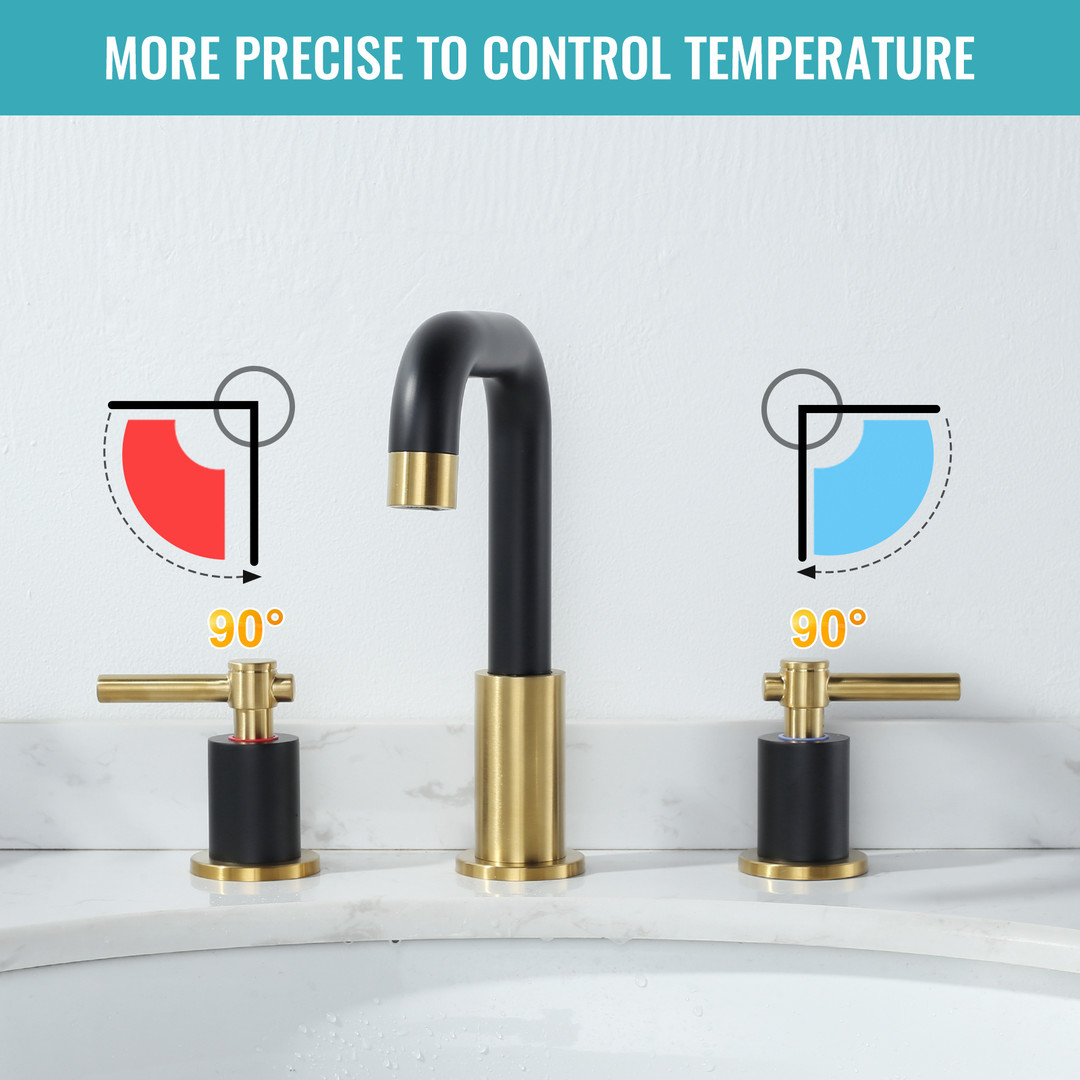 8 in Widespread Double Handle Bathroom Faucet in Black Gold 3 Holes Bathroom Sink Faucet with Pop Up Drain - Image 5