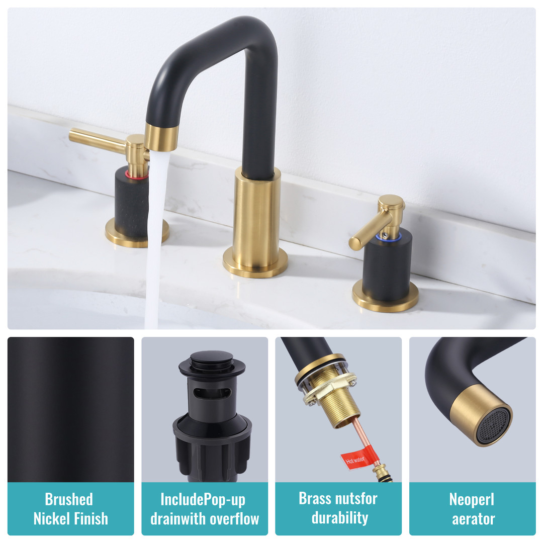 8 in Widespread Double Handle Bathroom Faucet in Black Gold 3 Holes Bathroom Sink Faucet with Pop Up Drain - Image 7