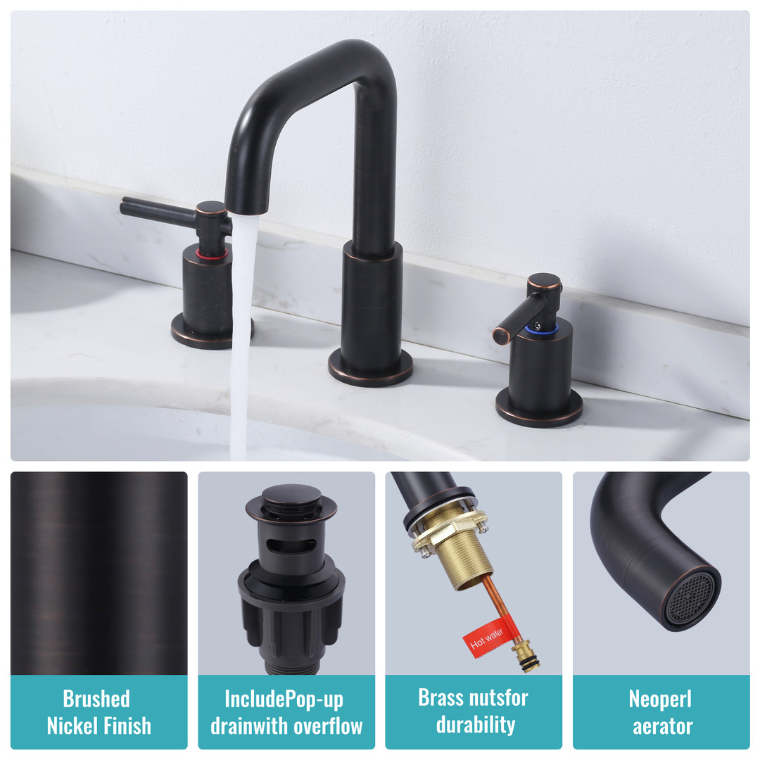 8 in Widespread Double Handle Bathroom Faucet in Oil Rubbed Bronze 3 Holes Bathroom Sink Faucet with Pop Up Drain - Image 7