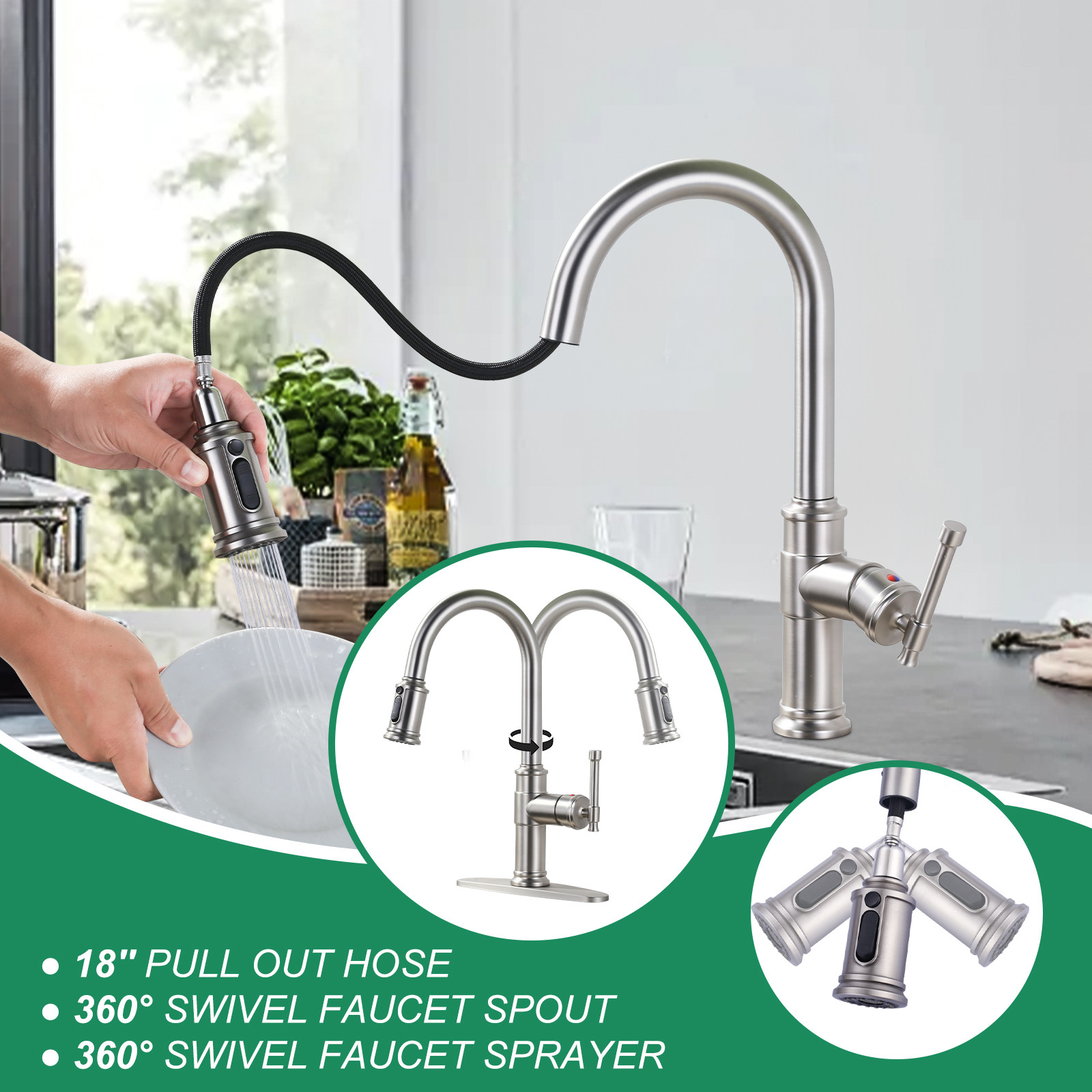 Brushed Nickel Single Handle Pull-Down Sprayer Kitchen Faucet with 3-Mode Sprayer and Deckplate in Stainless Steel - Image 6
