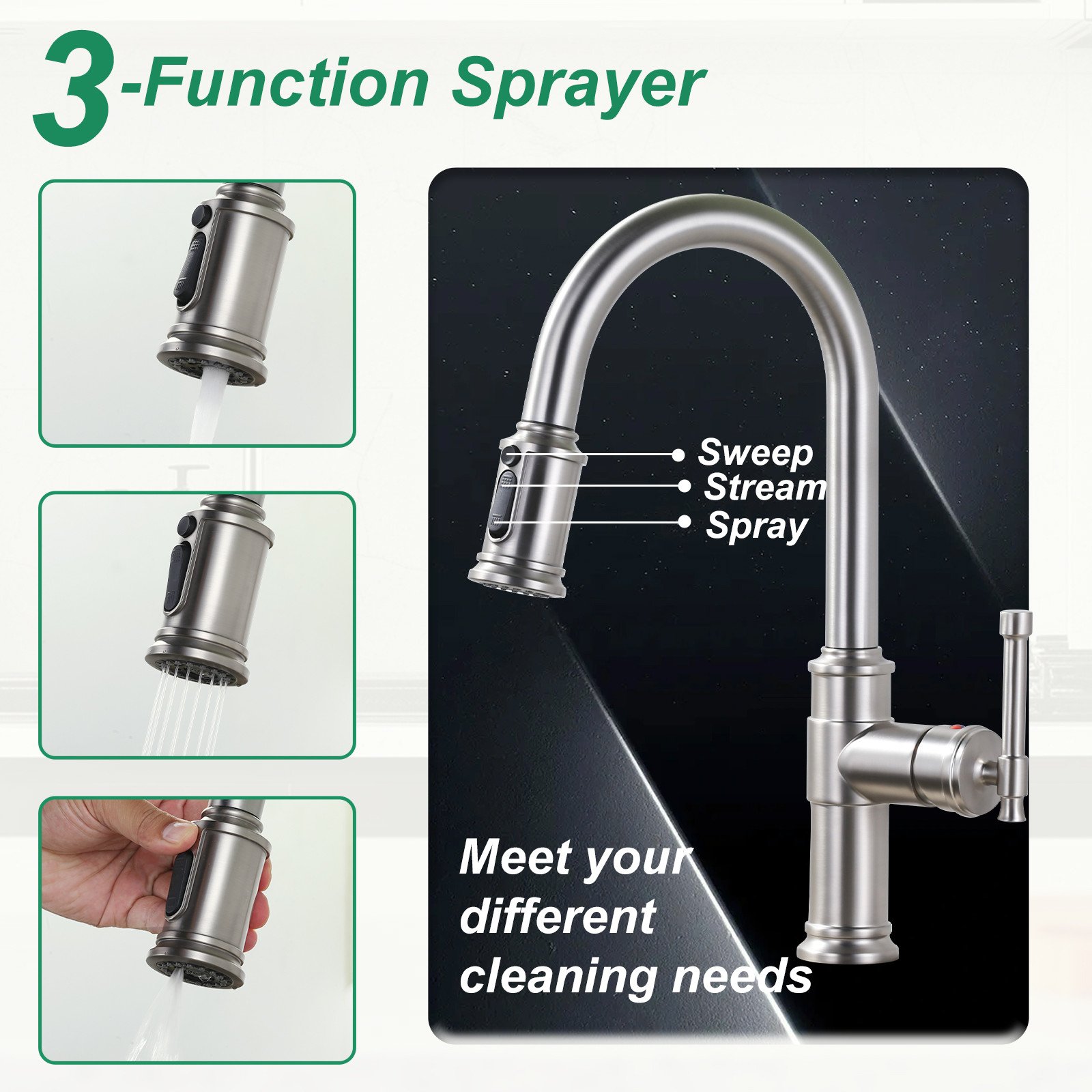 Brushed Nickel Single Handle Pull-Down Sprayer Kitchen Faucet with 3-Mode Sprayer and Deckplate in Stainless Steel - Image 7