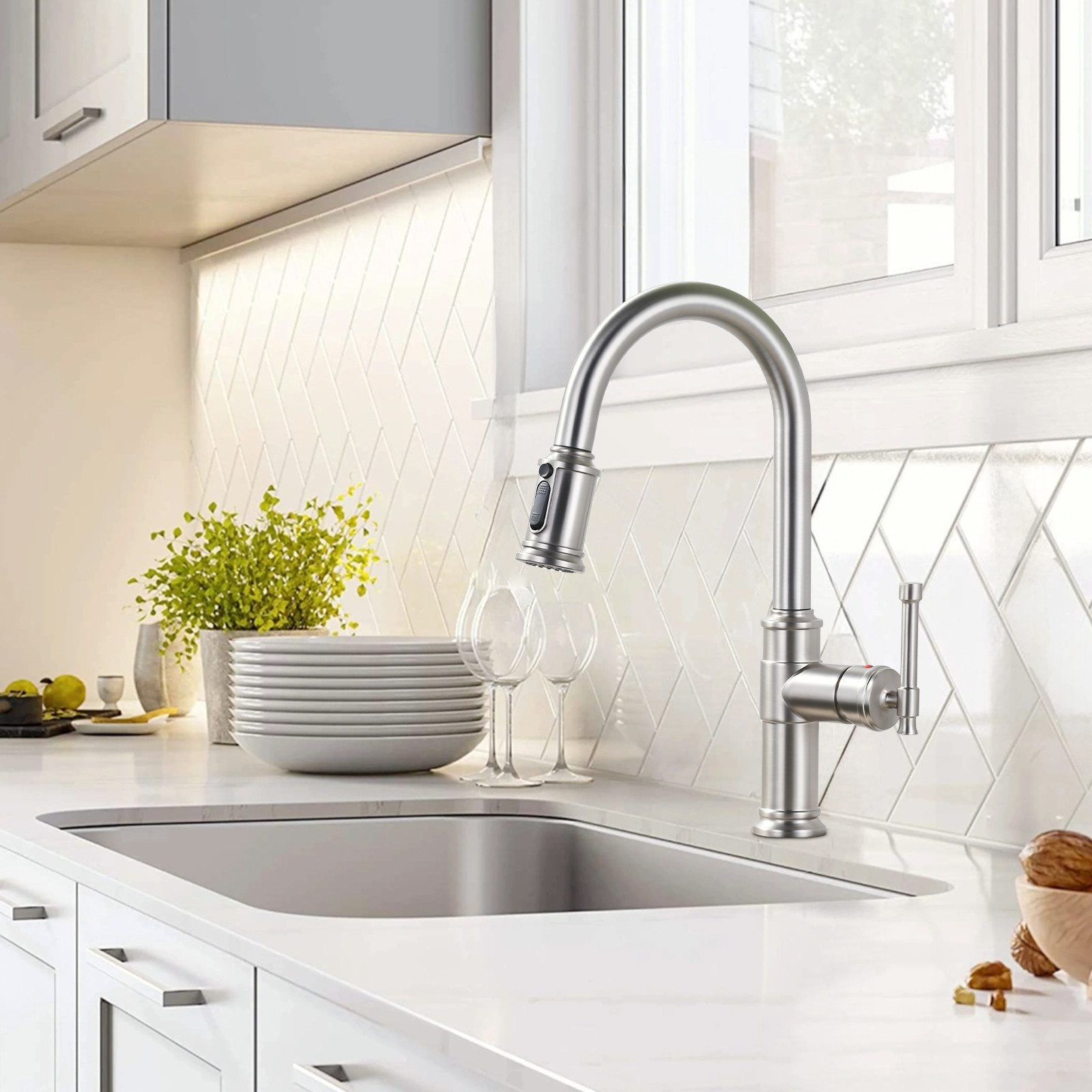 Brushed Nickel Single Handle Pull-Down Sprayer Kitchen Faucet with 3-Mode Sprayer and Deckplate in Stainless Steel - Image 3