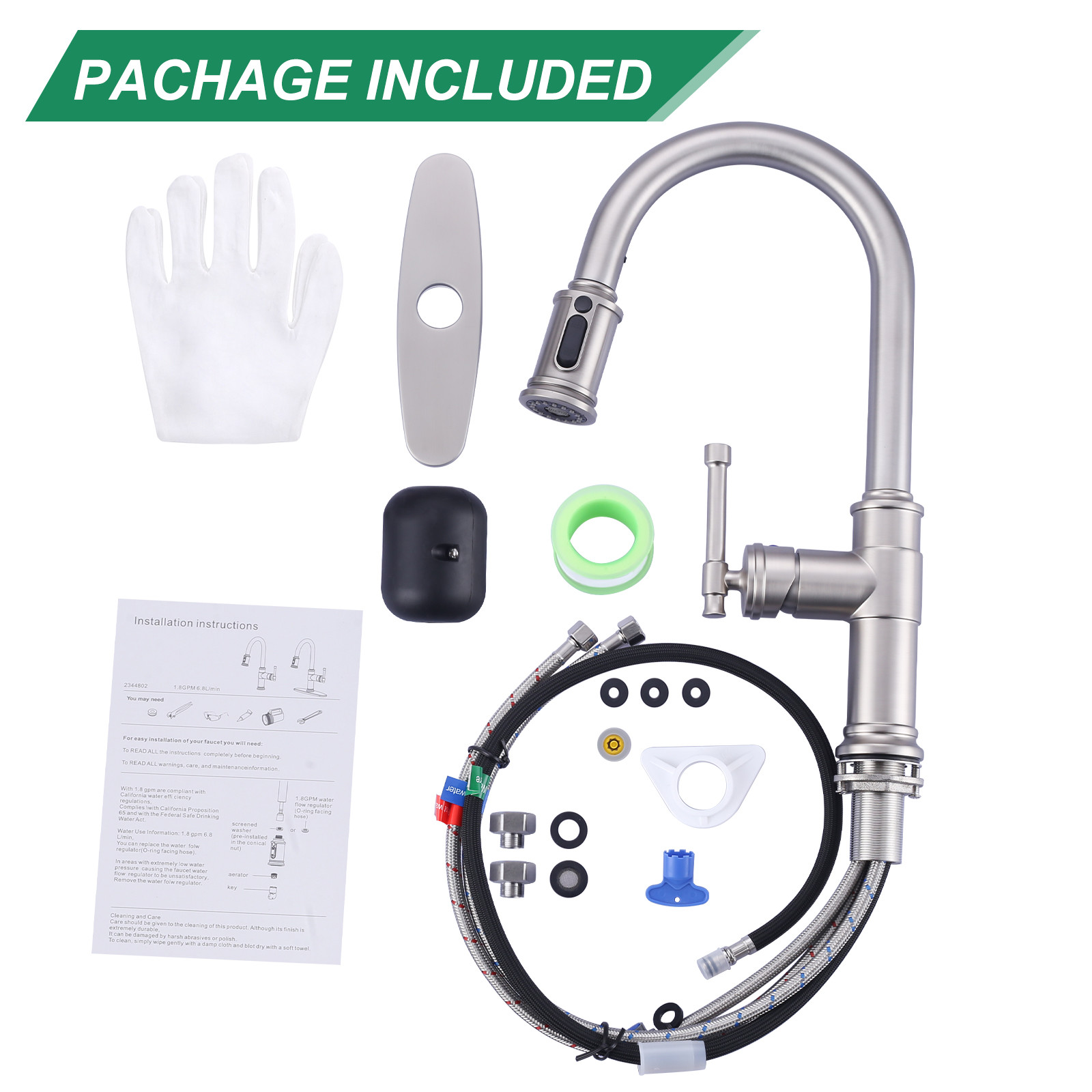 Brushed Nickel Single Handle Pull-Down Sprayer Kitchen Faucet with 3-Mode Sprayer and Deckplate in Stainless Steel - Image 8