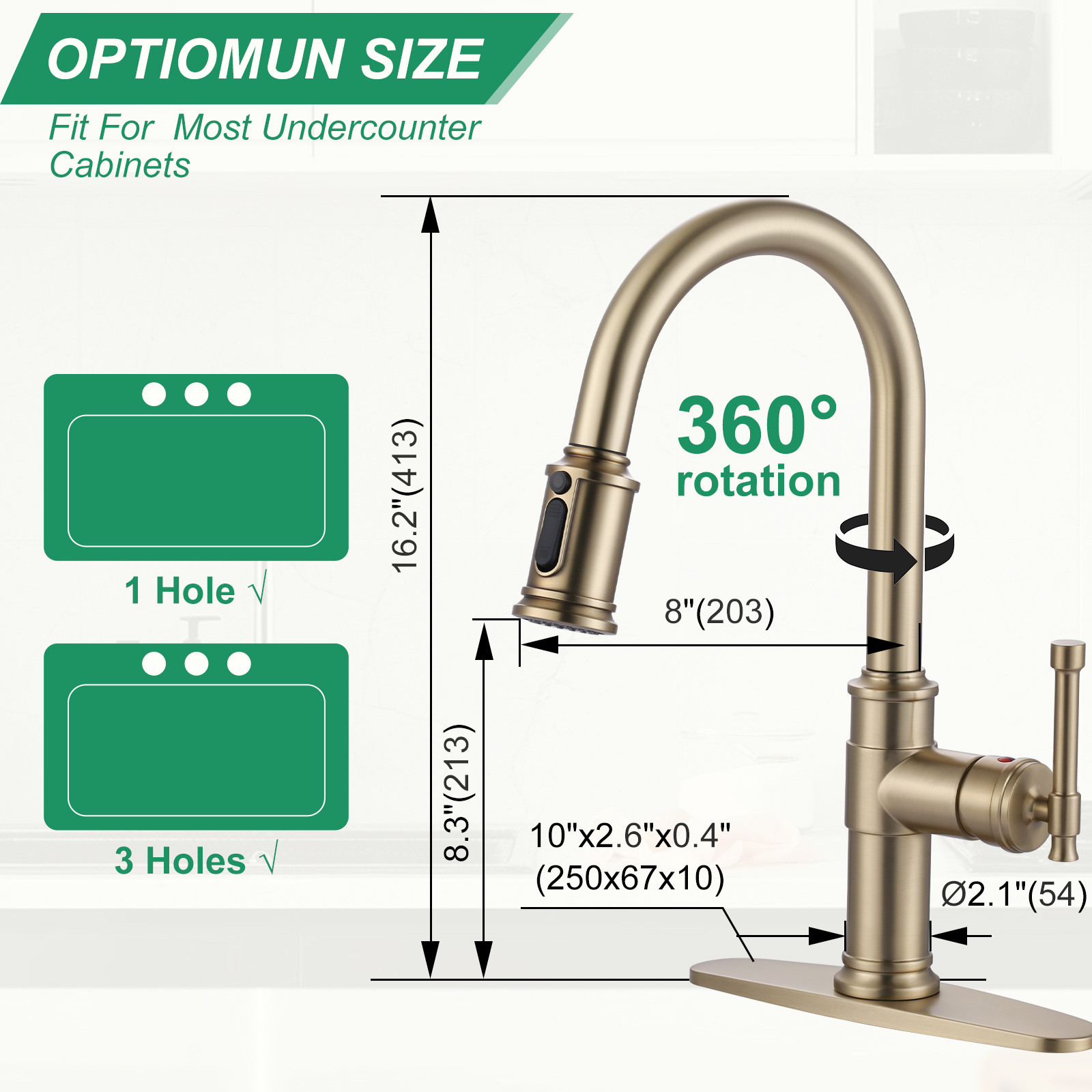 Brushed Gold Single Handle Pull-Down Sprayer Kitchen Faucet with 3-Mode Sprayer and Deckplate in Stainless Steel - Image 3
