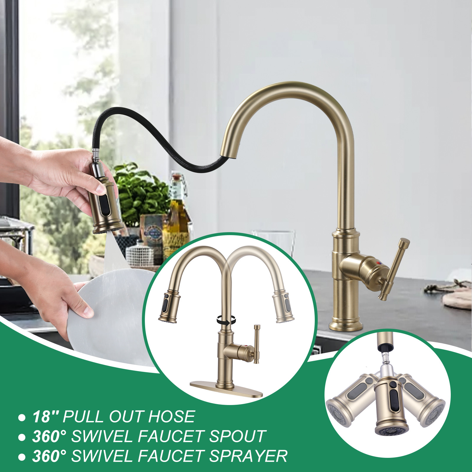 Brushed Gold Single Handle Pull-Down Sprayer Kitchen Faucet with 3-Mode Sprayer and Deckplate in Stainless Steel - Image 5