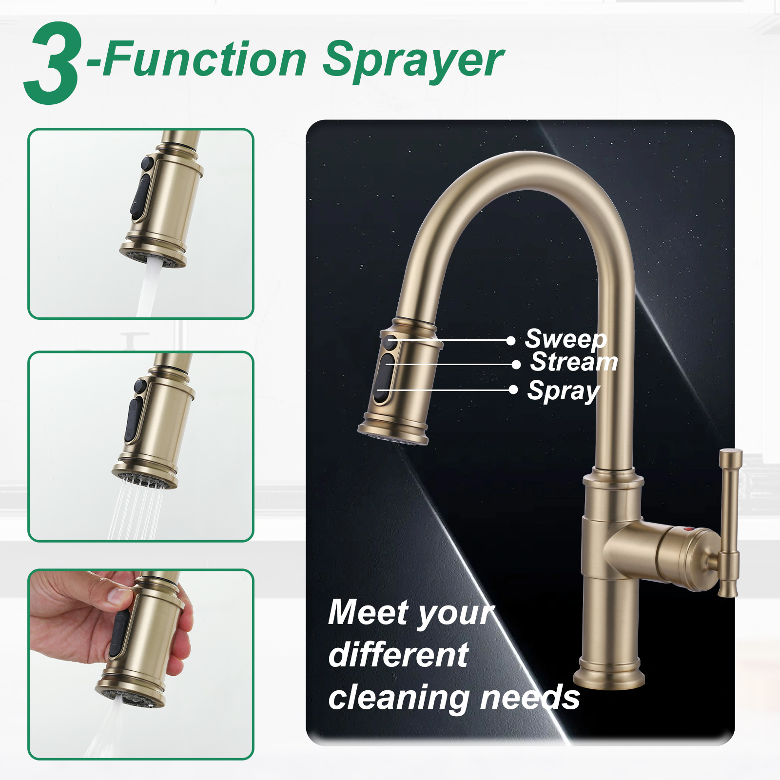 Brushed Gold Single Handle Pull-Down Sprayer Kitchen Faucet with 3-Mode Sprayer and Deckplate in Stainless Steel - Image 6