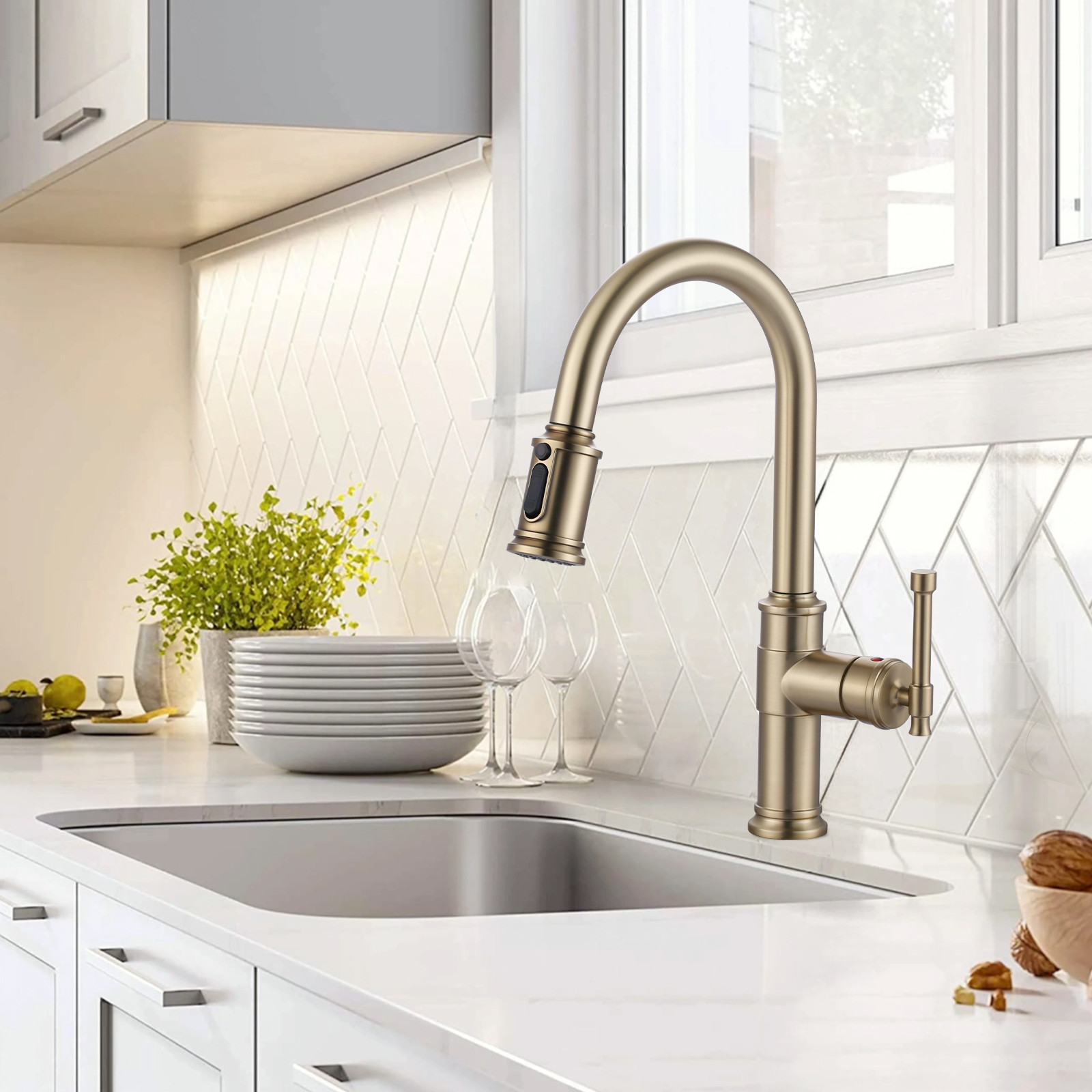 Brushed Gold Single Handle Pull-Down Sprayer Kitchen Faucet with 3-Mode Sprayer and Deckplate in Stainless Steel - Image 7