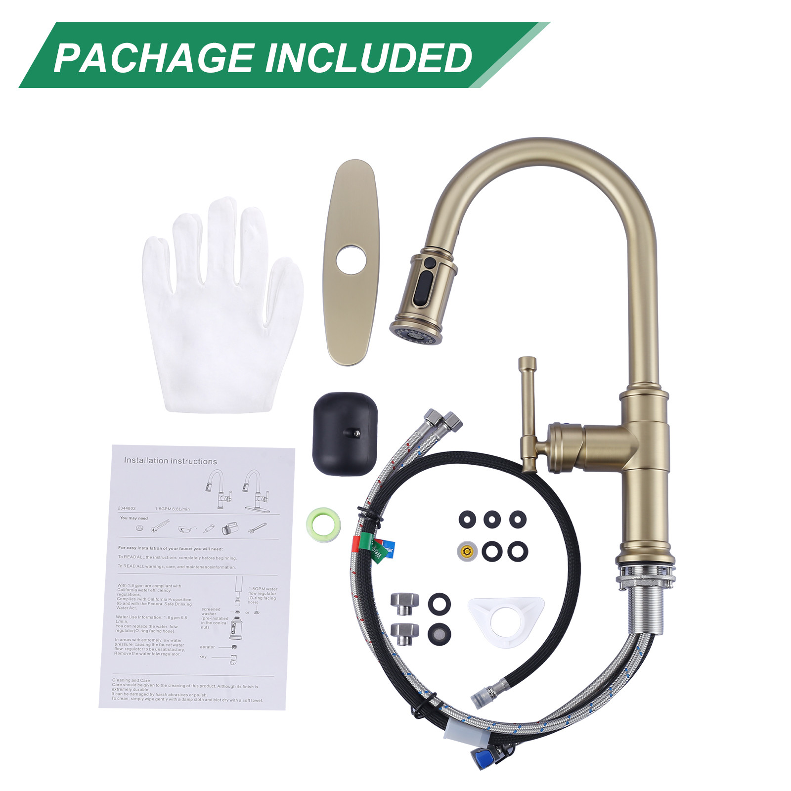 Brushed Gold Single Handle Pull-Down Sprayer Kitchen Faucet with 3-Mode Sprayer and Deckplate in Stainless Steel - Image 8