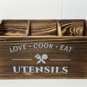 Rustic Torched Wood Kitchen Utensil Caddy with 3 Compartments