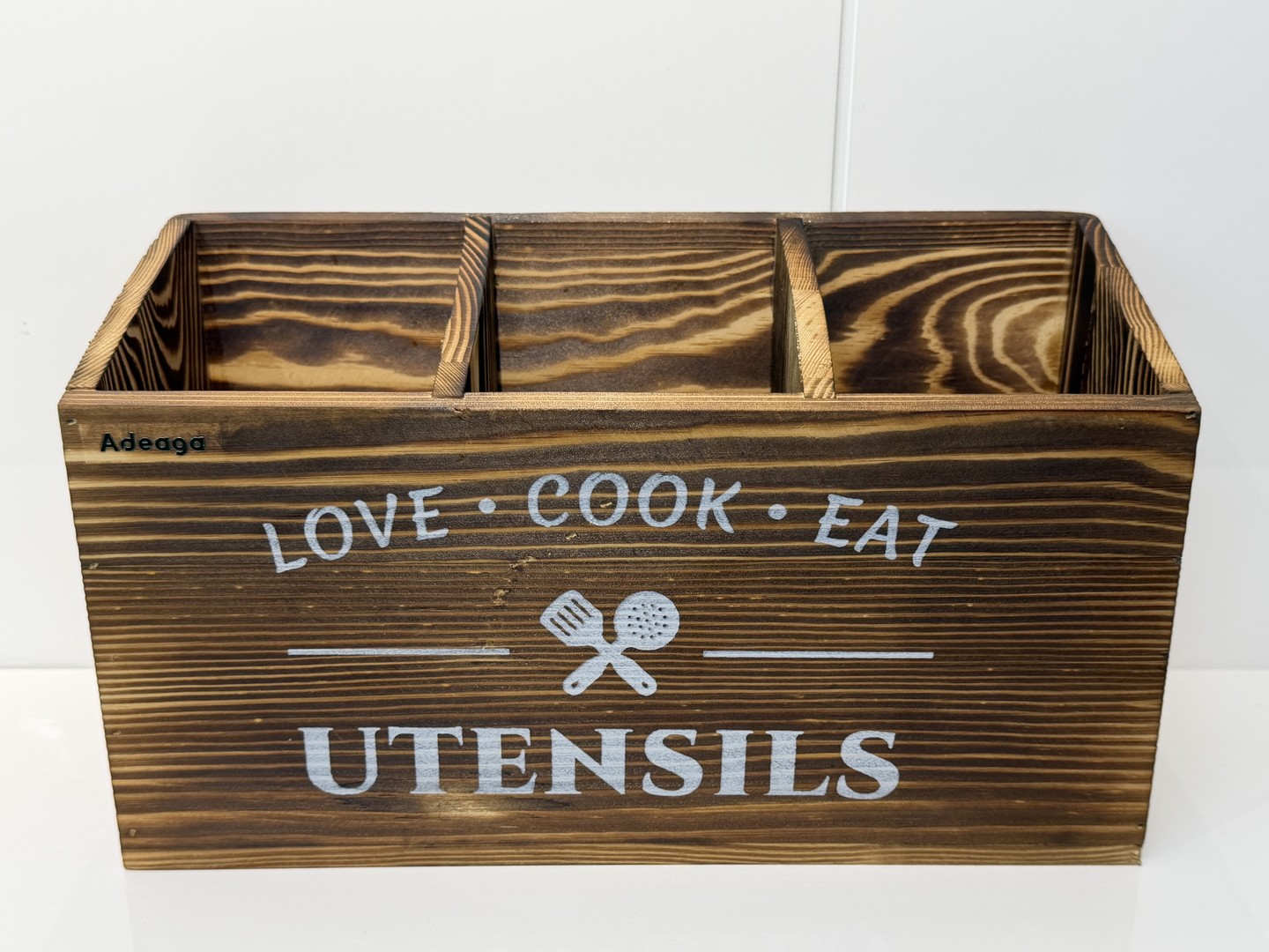 Rustic Torched Wood Kitchen Utensil Caddy with 3 Compartments