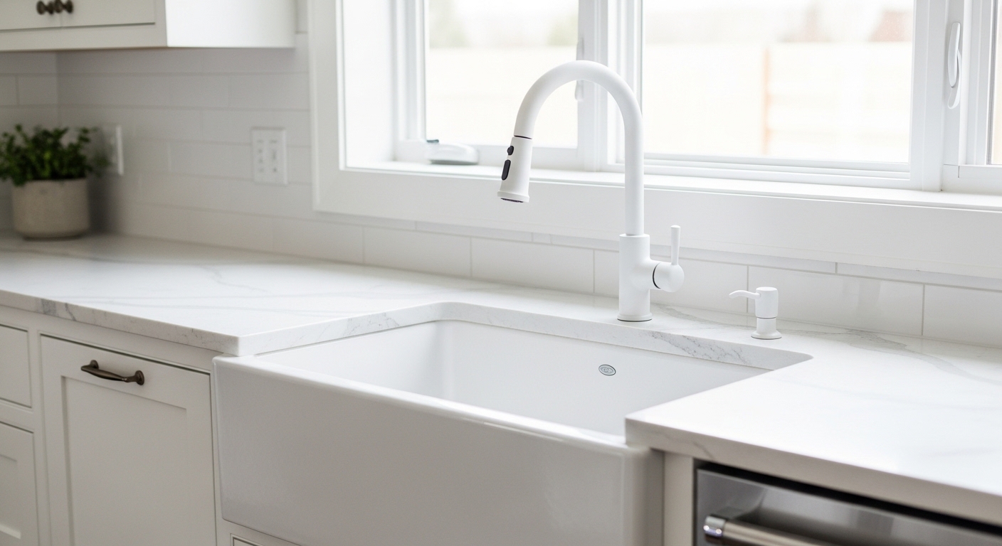 white kitchen sink and faucet