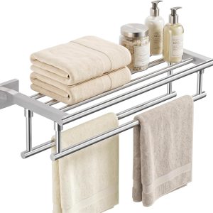 20 in. brushed nickel one-piece towel shelf with double towel bars