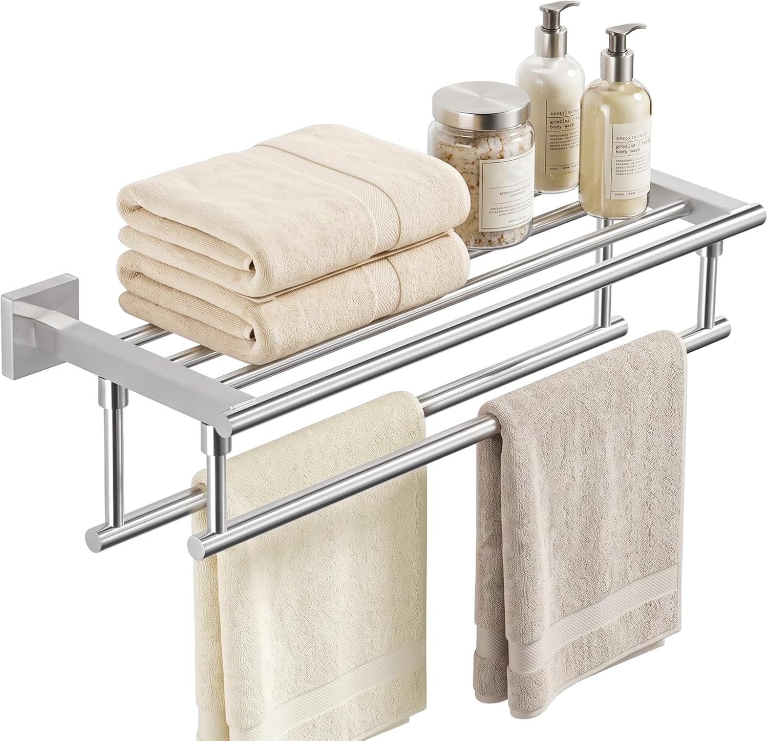 20 in. One-Piece Towel Shelf with Double Bars, Brushed Nickel