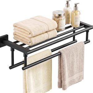 20 in. matte black one-piece towel shelf with double towel bars