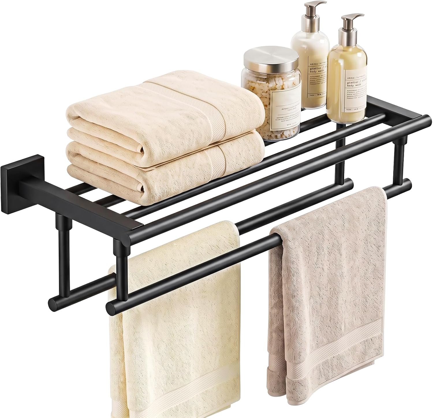20 in. One-Piece Towel Shelf with Double Bars, Matte Black