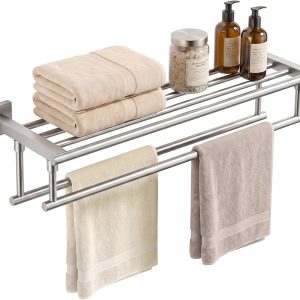 24 in. brushed nickel one-piece towel shelf with double towel bars