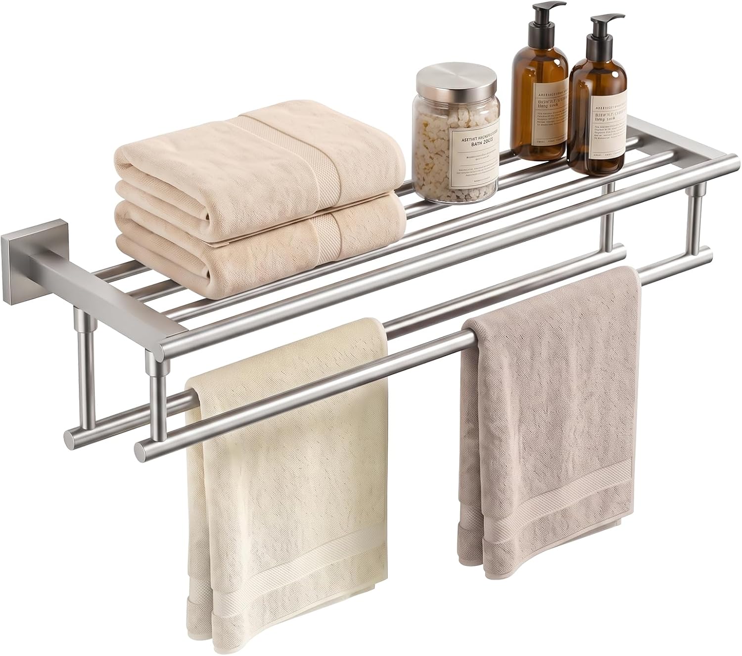 24 in. One-Piece Towel Shelf with Double Bars, Brushed Nickel