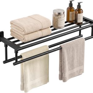 24 in. matte black one-piece towel shelf with double towel bars