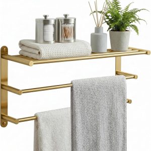24 in. brushed gold towel rack with shelf and double towel bars