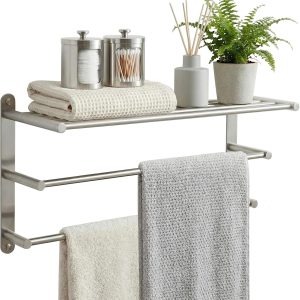 24 in. brushed nickel towel rack with shelf and double towel bars