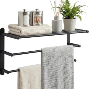 24 in. matte black towel rack with shelf and double towel bars