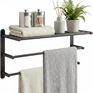 24 in. oil rubbed bronze towel rack with shelf and double towel bars